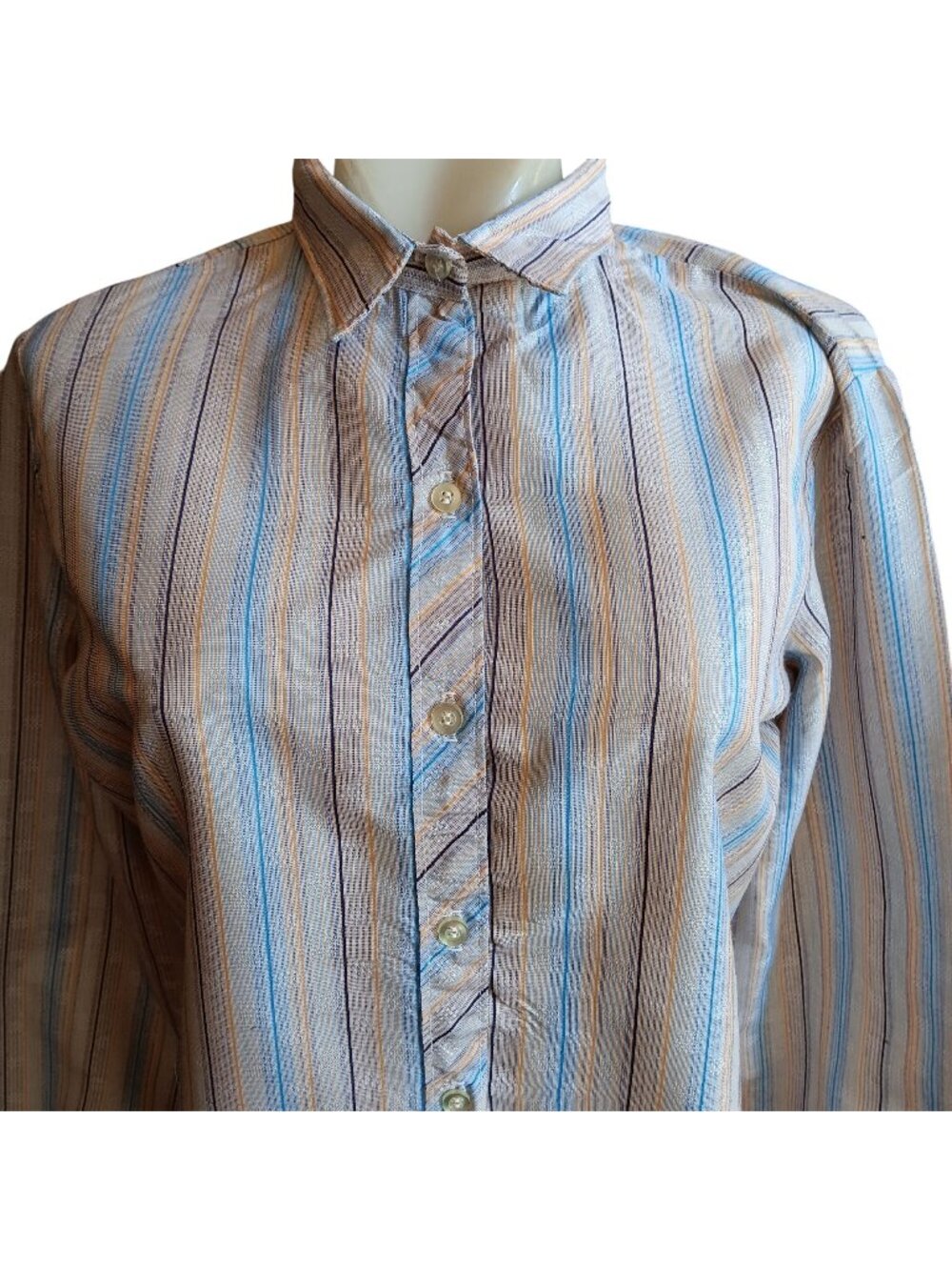 True Vintage Boho Top Medium Striped Button-Down Shirt Pastel Blue/Beige 70s